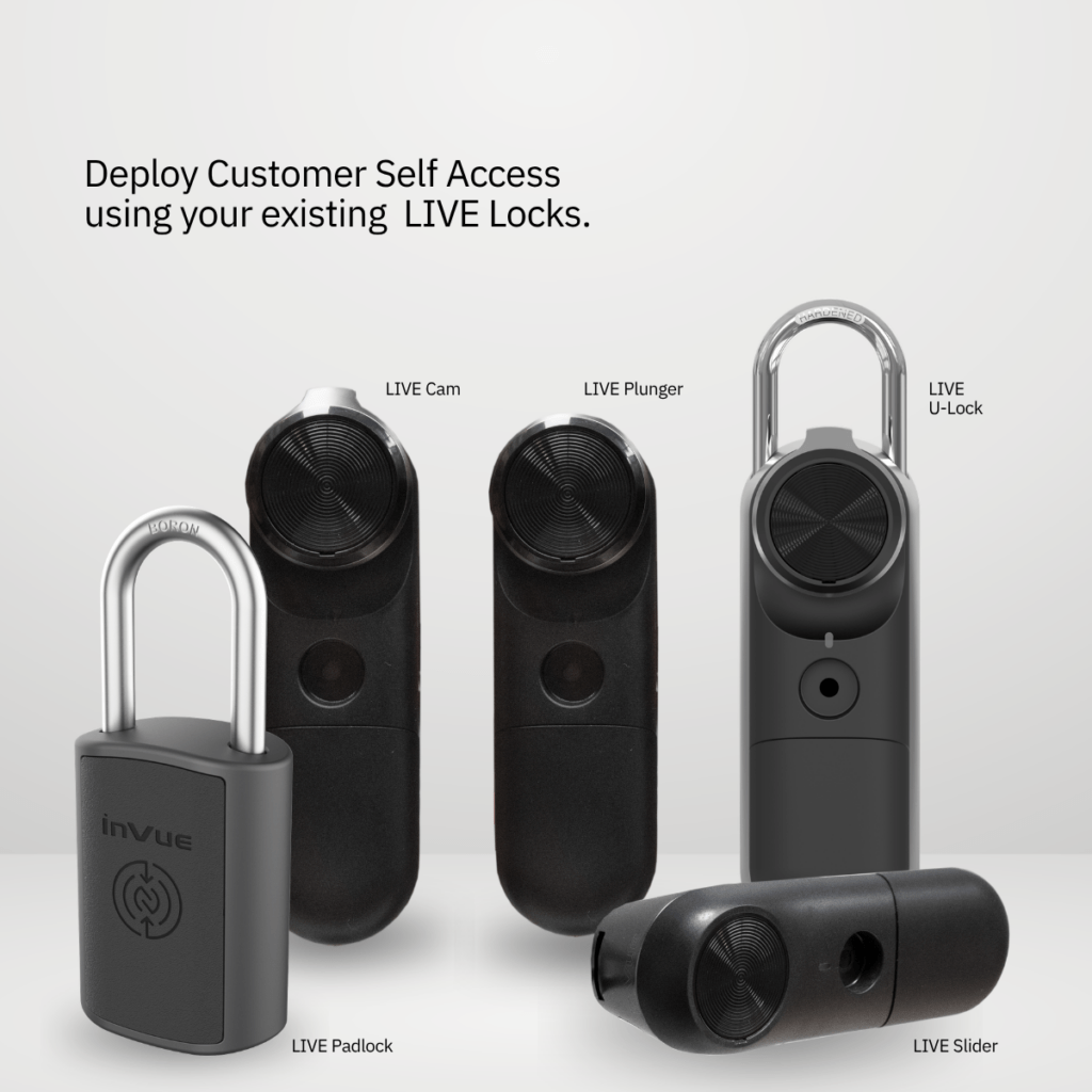 InVue LIVE 「Customer Self-Access」に対応したロック製品ラインナップには、LIVE (カム式)、LIVE (プランジャー式)、LIVE 、U-Lock 、LIVE 、Padlock 、およびLIVE (スライダー式)が含まれます。