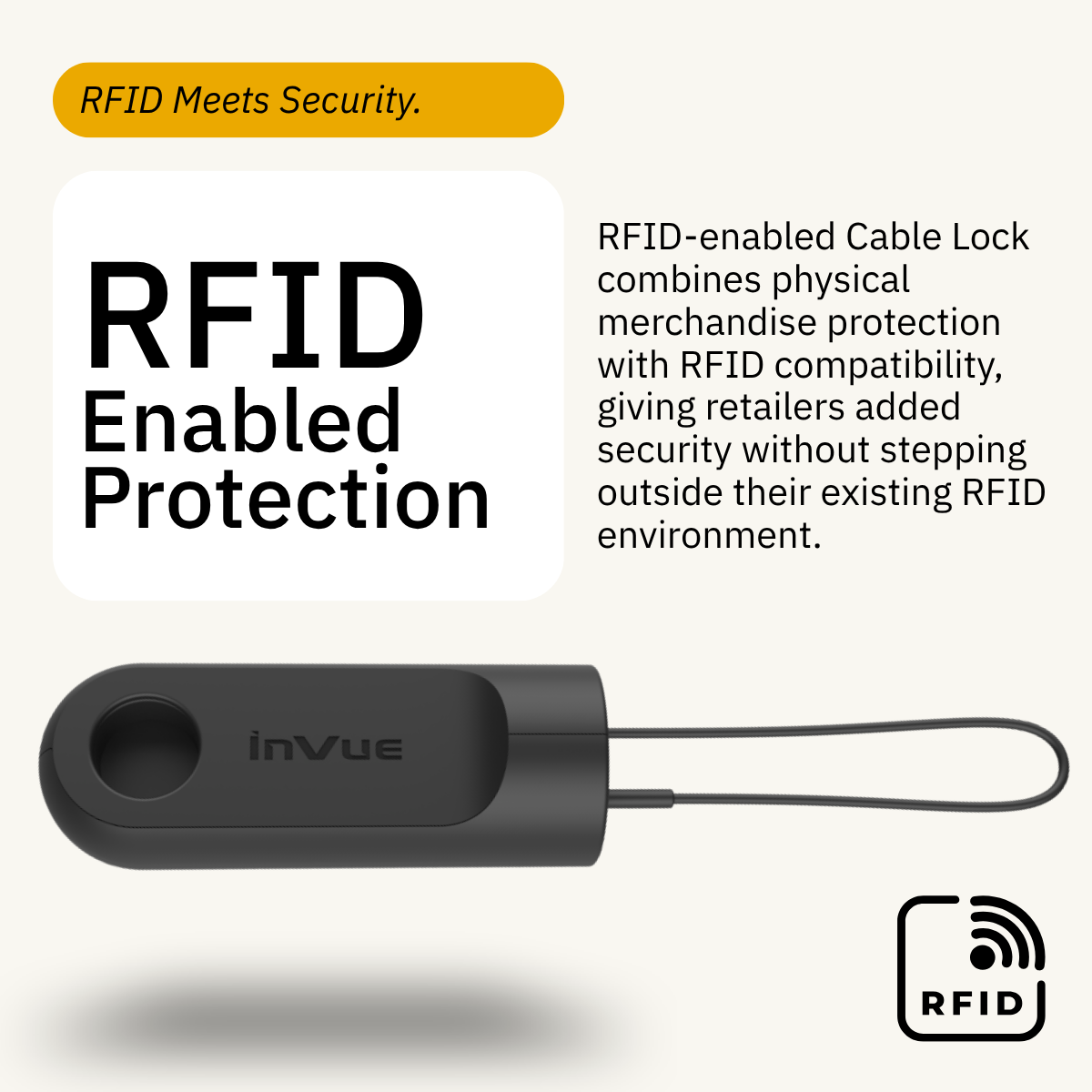 InVue RFID対応のケーブルロック。実物の商品保護機能とRFID対応機能を兼ね備え、RFIDを導入した小売環境向けに設計されています。